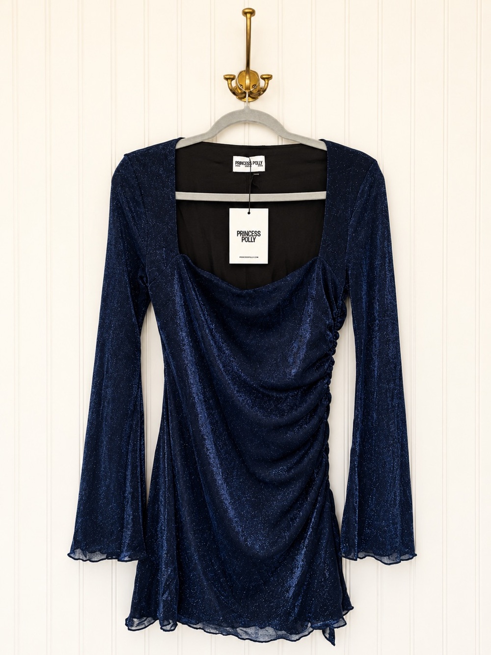Princess Polly NWT Blue Metallic Ruched Long Sleeve Mini Dress Size 10